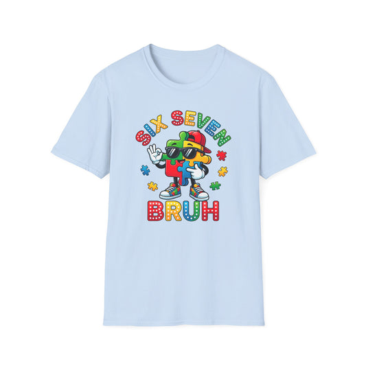 Light Blue Autism Awareness t-shirt 6 7 meme style with colorful puzzle character in sunglasses and Six Seven text