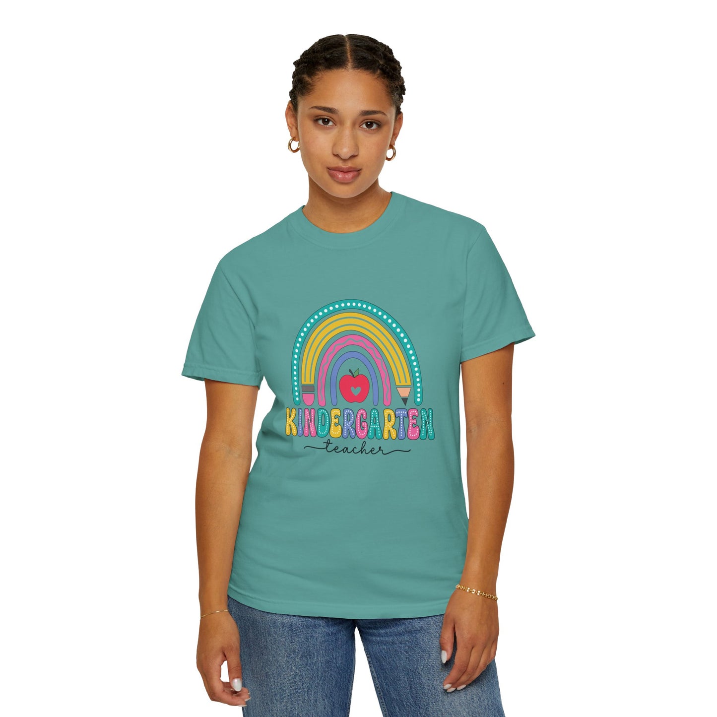 Seafoam t-shirt with rainbow, pencil and apple design, labeled 'Kindergarten teacher' ideal gift for teacher appreciation
