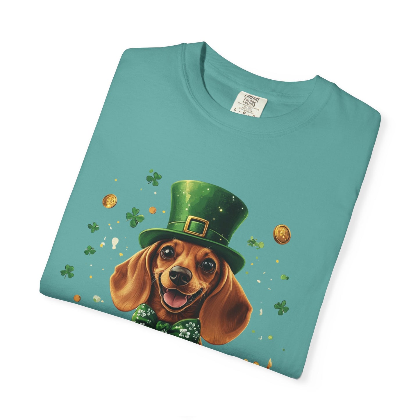 St. Patrick’s Dachshund T-Shirt — Lucky Pup with Shamrocks & Gold