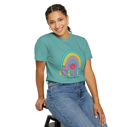 Seafoam t-shirt with rainbow, pencil and apple design, labeled 'Kindergarten teacher' ideal gift for teacher appreciation