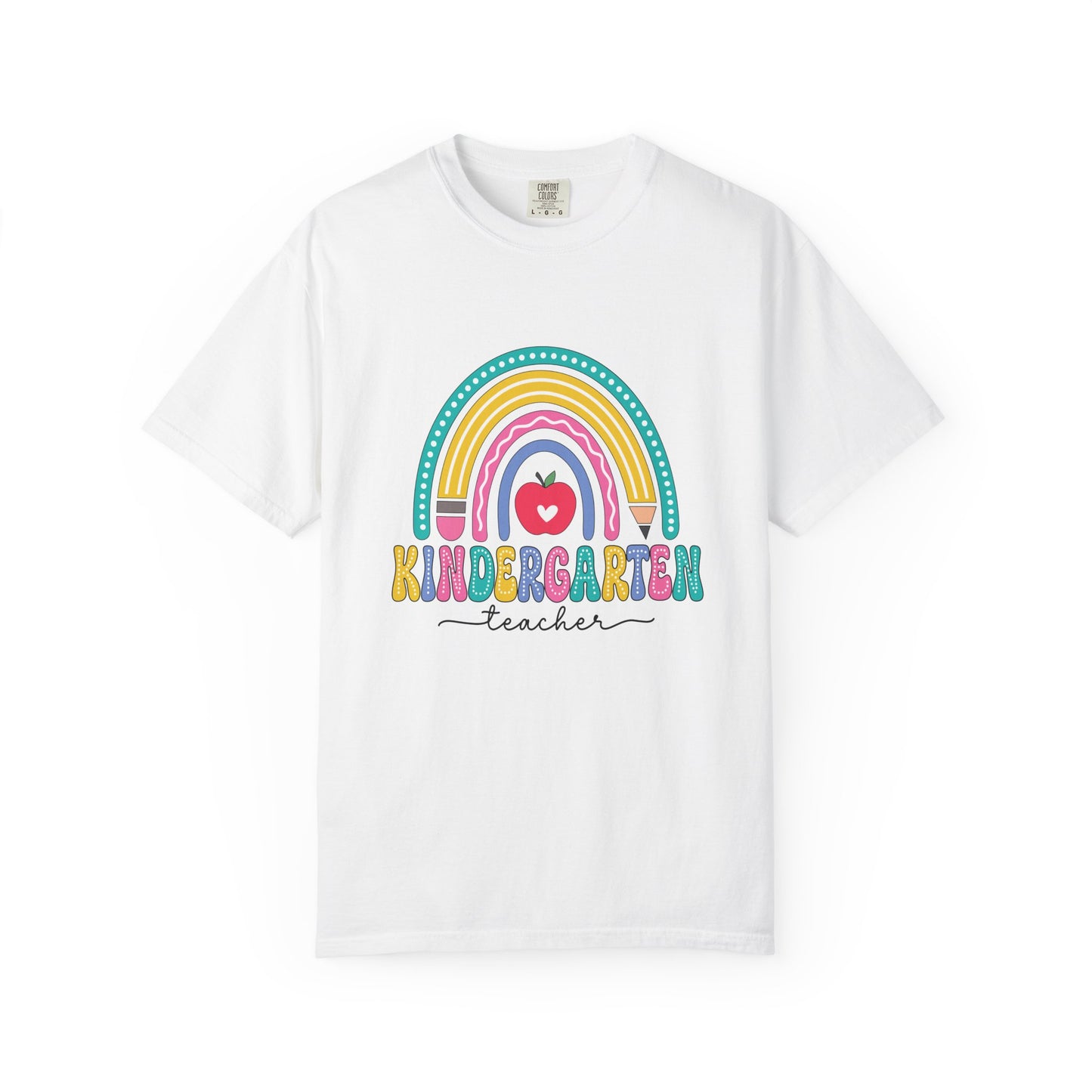 White t-shirt with rainbow, pencil and apple design, labeled 'Kindergarten teacher' ideal gift for teacher appreciation