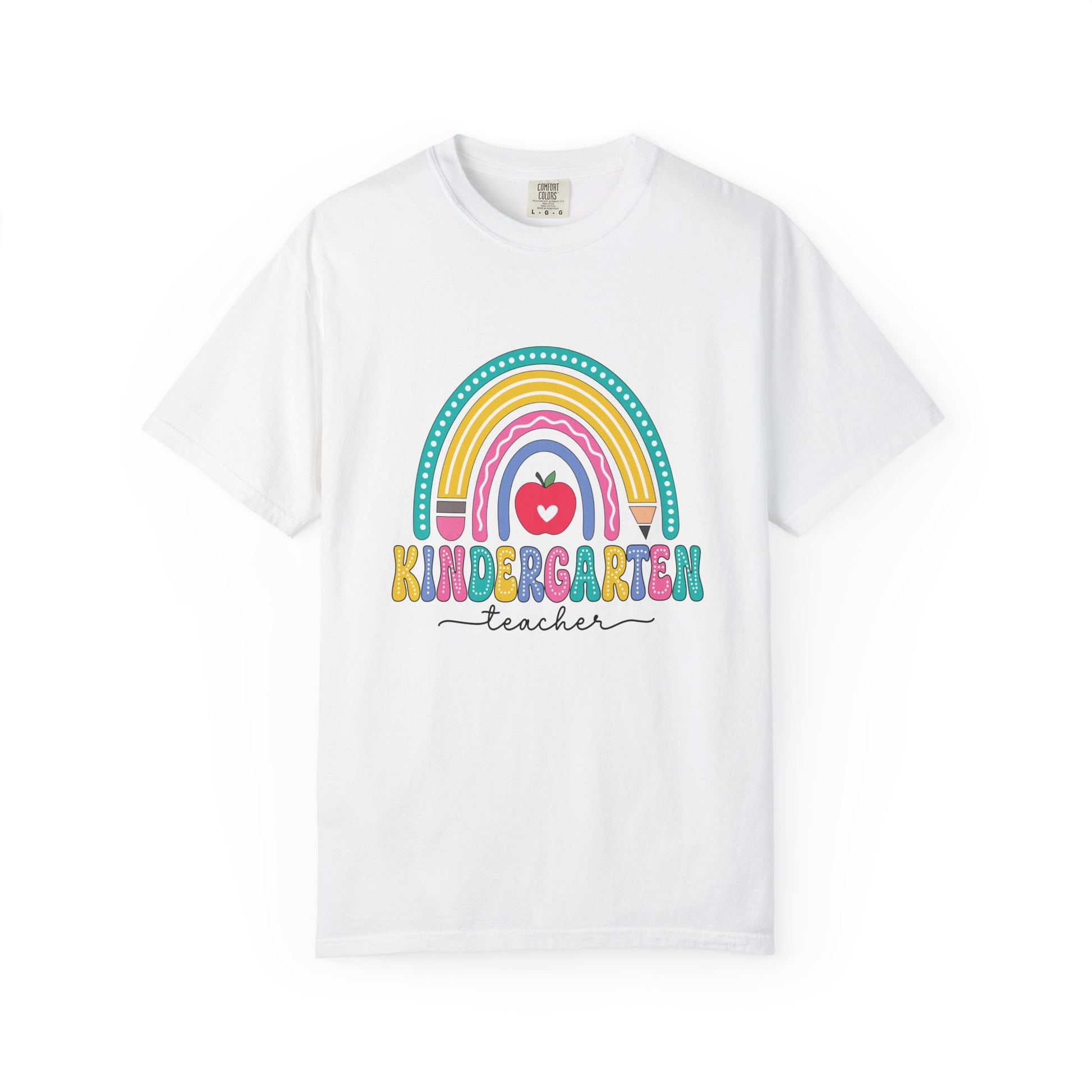 White t-shirt with rainbow, pencil and apple design, labeled 'Kindergarten teacher' ideal gift for teacher appreciation
