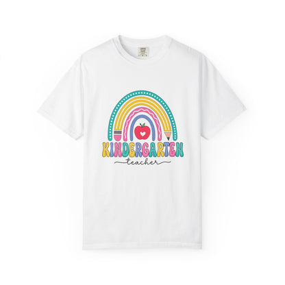 White t-shirt with rainbow, pencil and apple design, labeled 'Kindergarten teacher' ideal gift for teacher appreciation