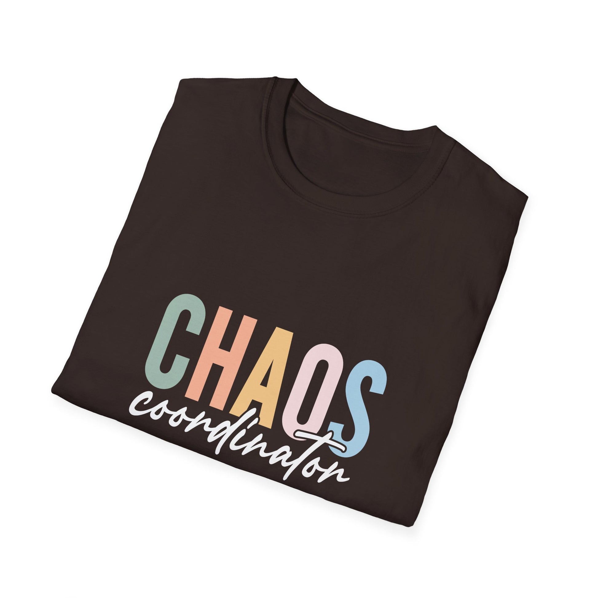 Dark Chocolate t-shirt with colorful 'CHAOS coordinator' text preliminary school teacher gift