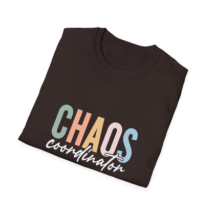 Dark Chocolate t-shirt with colorful 'CHAOS coordinator' text preliminary school teacher gift