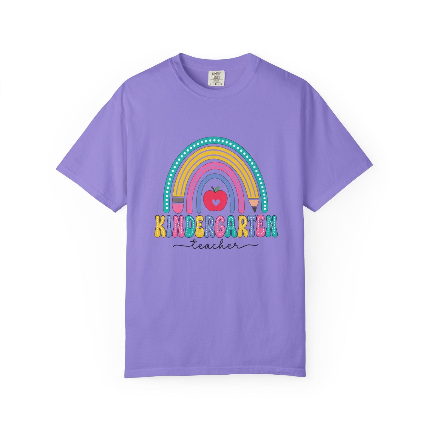 Violet t-shirt with rainbow, pencil and apple design, labeled 'Kindergarten teacher' ideal gift for teacher appreciation
