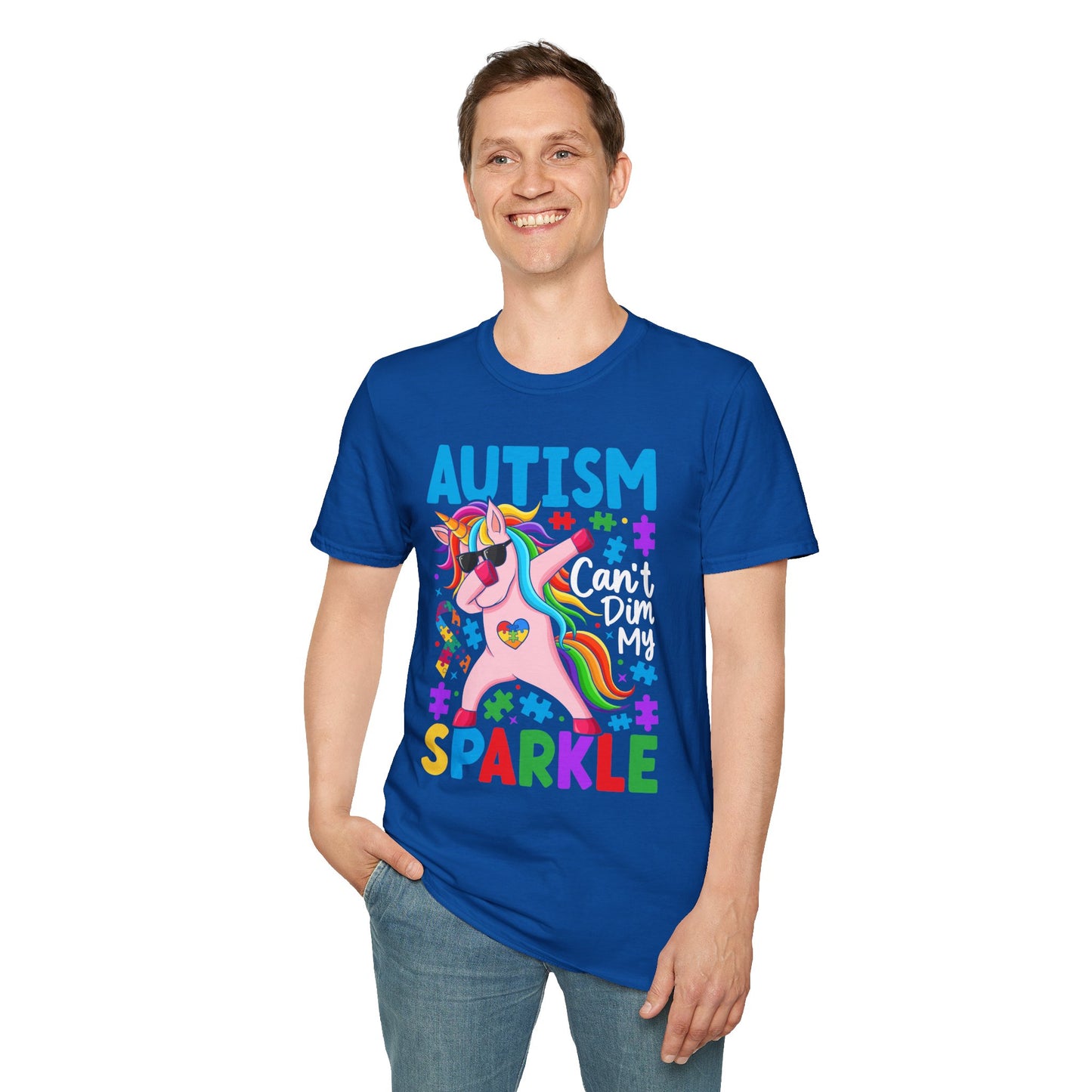 Royal Blue Autism Sparkle t-shirt with colorful puzzle and unicorn