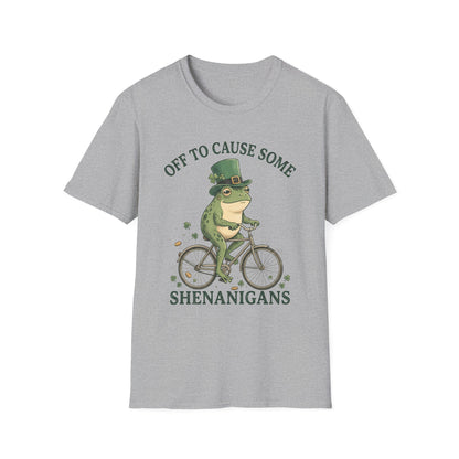 Shenanigans Frog Bike T-Shirt — "Off to Cause Some Shenanigans" St. Patrick’s Day Tee