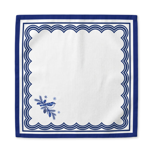 Christmas Napkin | Blue Cotton Twill Bird & Pine Branch Holiday Table Linen
