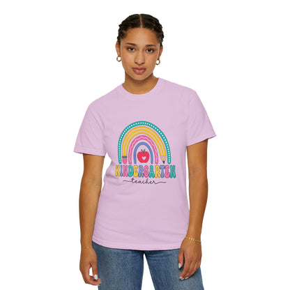 Orchid t-shirt with rainbow, pencil and apple design, labeled 'Kindergarten teacher' ideal gift for teacher appreciation