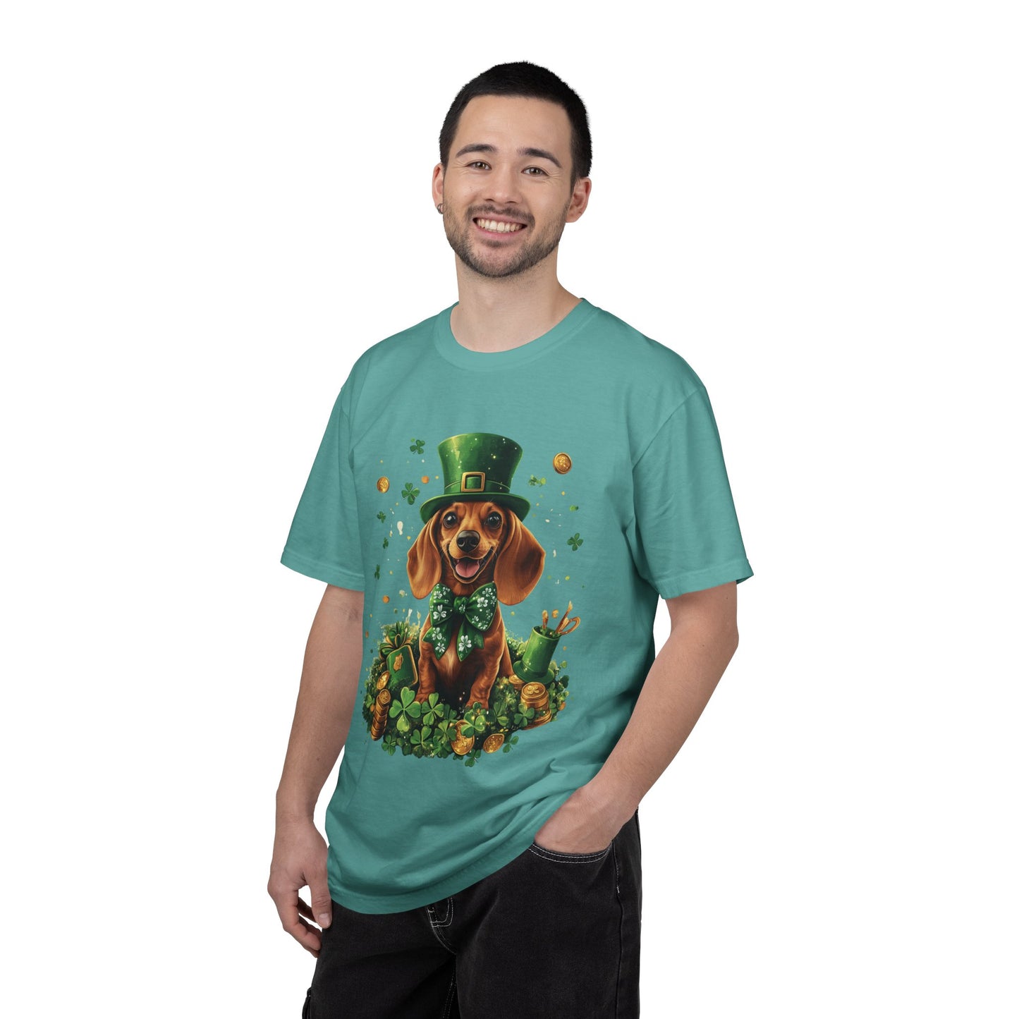 St. Patrick’s Dachshund T-Shirt — Lucky Pup with Shamrocks & Gold