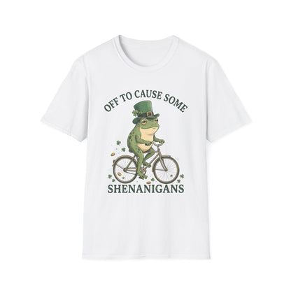 Shenanigans Frog Bike T-Shirt — "Off to Cause Some Shenanigans" St. Patrick’s Day Tee