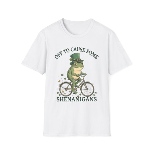 Shenanigans Frog Bike T-Shirt — "Off to Cause Some Shenanigans" St. Patrick’s Day Tee