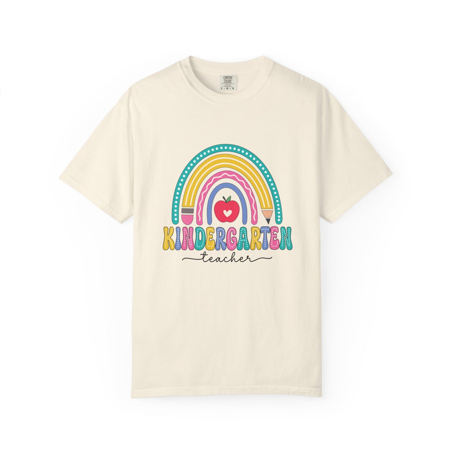 Ivory t-shirt with rainbow, pencil and apple design, labeled 'Kindergarten teacher' ideal gift for teacher appreciation