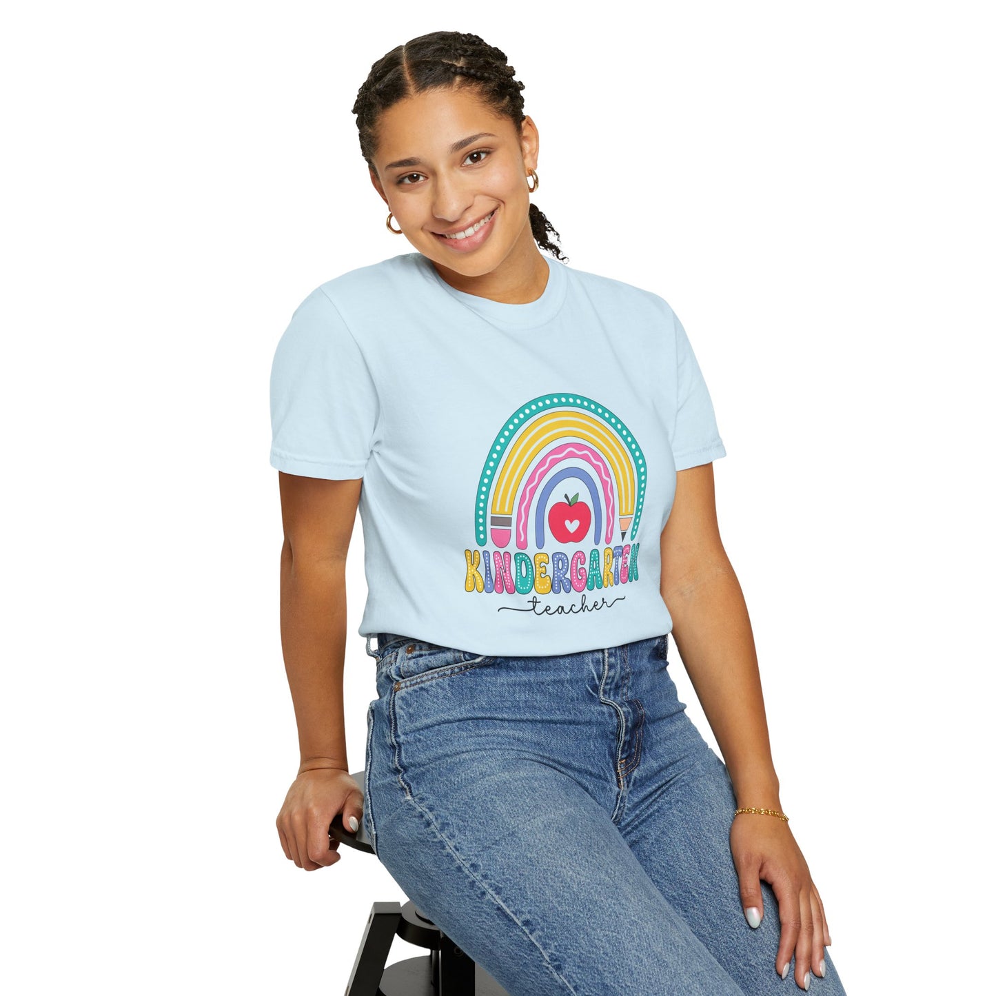 Chambray t-shirt with rainbow, pencil and apple design, labeled 'Kindergarten teacher' ideal gift for teacher appreciation