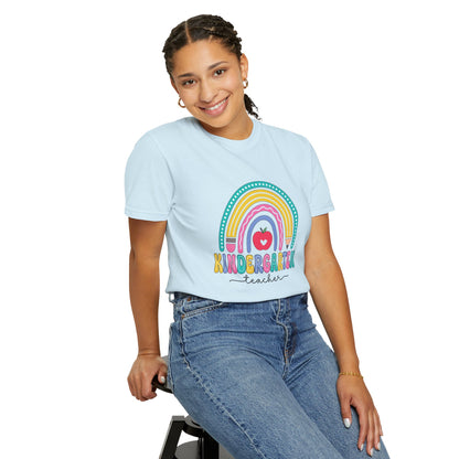 Chambray t-shirt with rainbow, pencil and apple design, labeled 'Kindergarten teacher' ideal gift for teacher appreciation