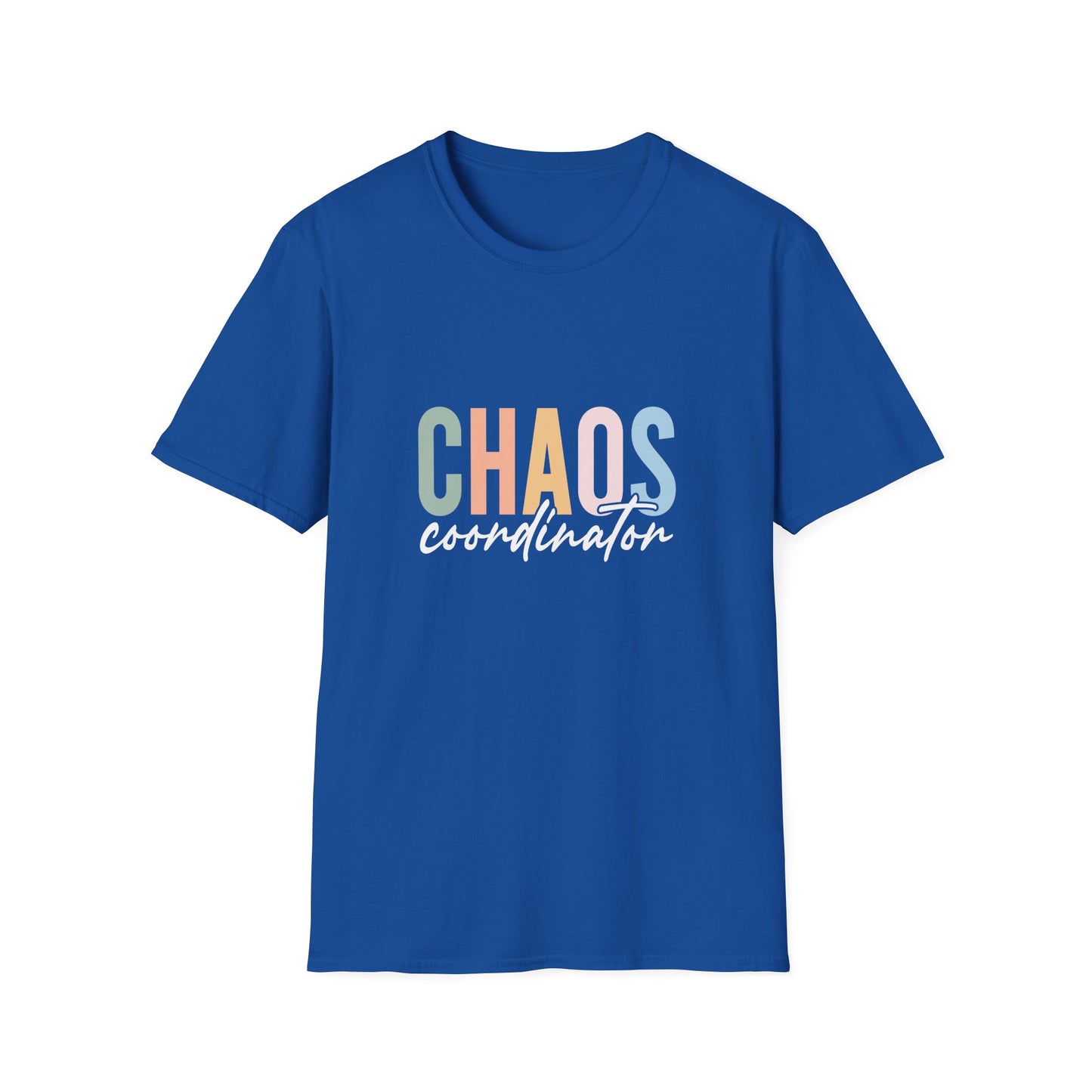 Royal t-shirt with colorful 'CHAOS coordinator' text preliminary school teacher gift