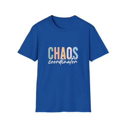 Royal t-shirt with colorful 'CHAOS coordinator' text preliminary school teacher gift