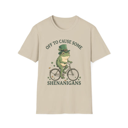 Shenanigans Frog Bike T-Shirt — "Off to Cause Some Shenanigans" St. Patrick’s Day Tee