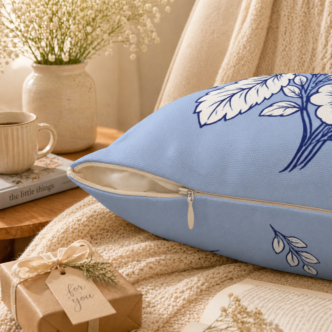Blue botanical throw pillow with small floral pattern, soft cottagecore accent pillow for bedroom or sofa