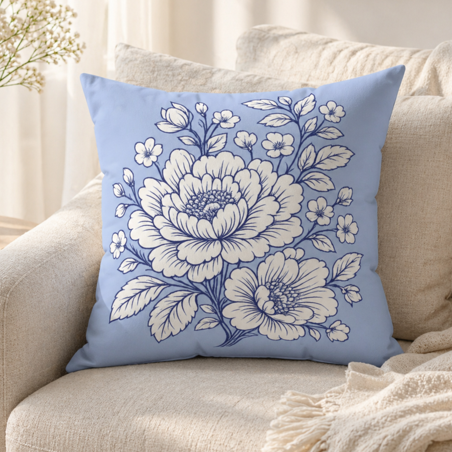 Blue floral decorative throw pillow styled on cozy chair with knit blanket, cottagecore home decor living room setting