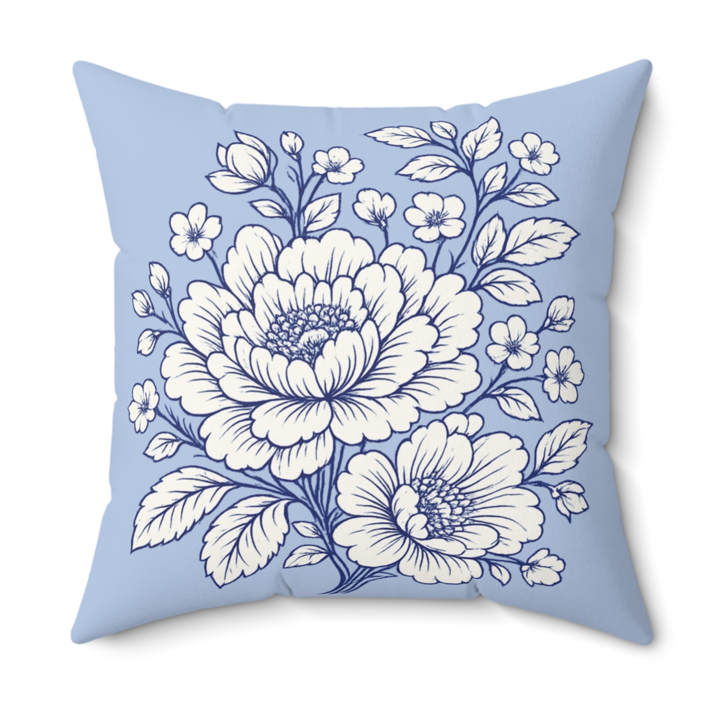 Blue floral throw pillow with vintage peony design on square decorative cushion, soft aesthetic home decor accent