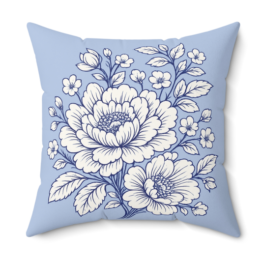 Blue floral throw pillow with vintage peony design on square decorative cushion, soft aesthetic home decor accent