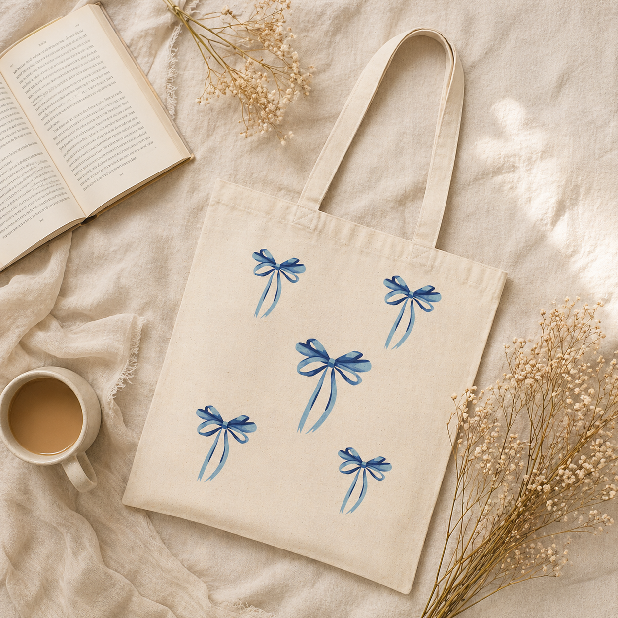 blue ribbon bow canvas tote bag on natural cotton fabric, aesthetic reusable shopping bag