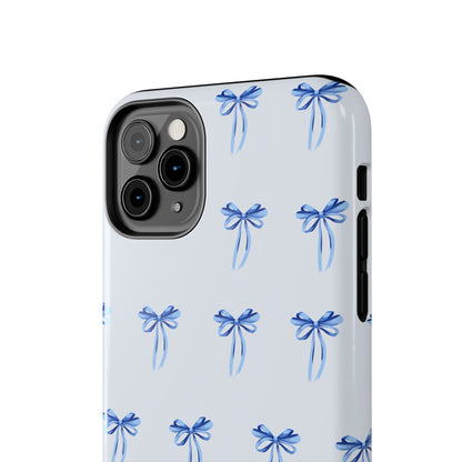 iPhone 11 Pro Max case with girly romantic watercolor blue bow pattern on a light blue background