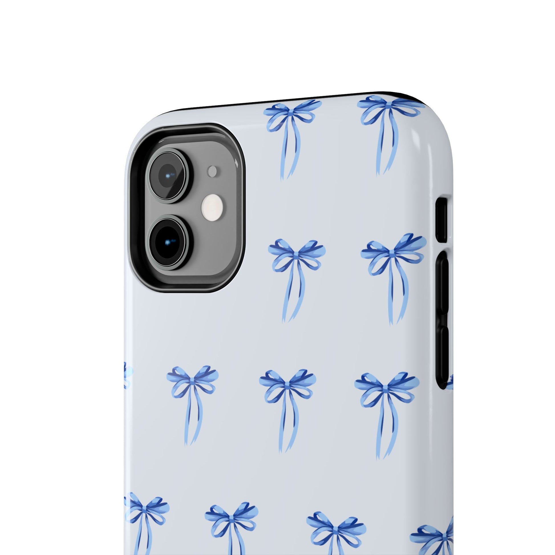 iPhone 11 case with girly romantic watercolor blue bow pattern on a light blue background