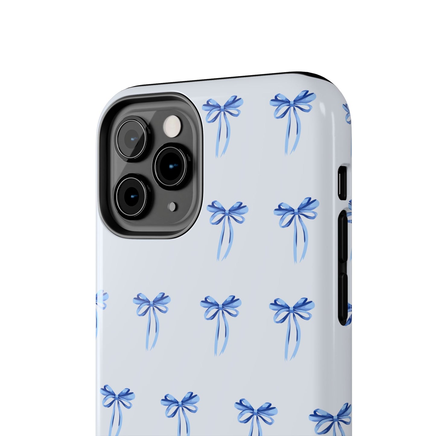 iPhone 11 Pro case with girly romantic watercolor blue bow pattern on a light blue background