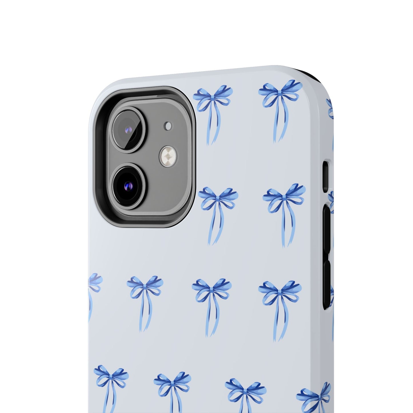 iPhone 12 case with girly romantic watercolor blue bow pattern on a light blue background