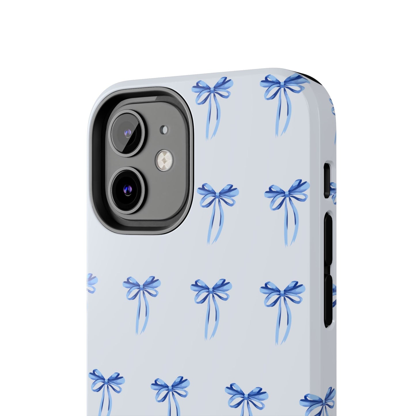 iPhone 12 Mini case with girly romantic watercolor blue bow pattern on a light blue background