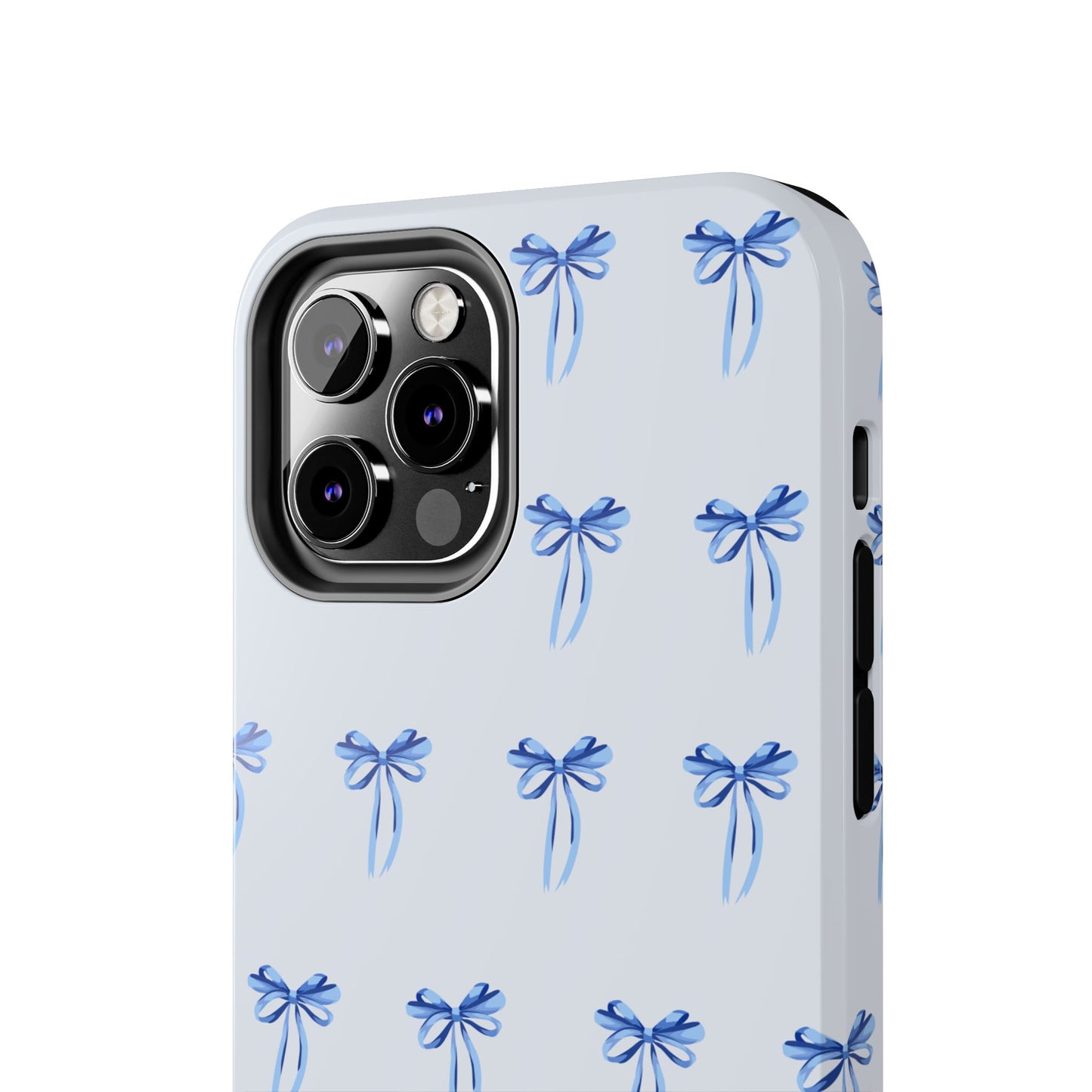 iPhone 12 Pro case with girly romantic watercolor blue bow pattern on a light blue background