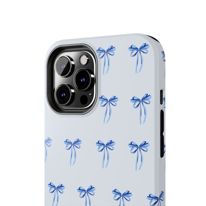 iPhone 12 Pro Max case with girly romantic watercolor blue bow pattern on a light blue background