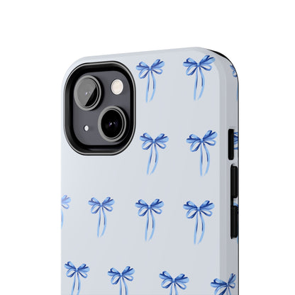 iPhone 13 case with girly romantic watercolor blue bow pattern on a light blue background
