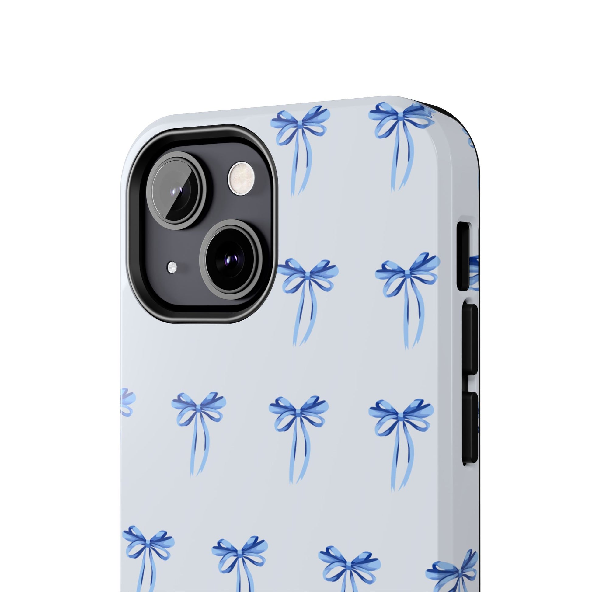 iPhone 13 Mini case with girly romantic watercolor blue bow pattern on a light blue background