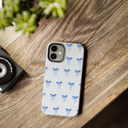 iPhone 12 Mini case with girly romantic watercolor blue bow pattern on a light blue background