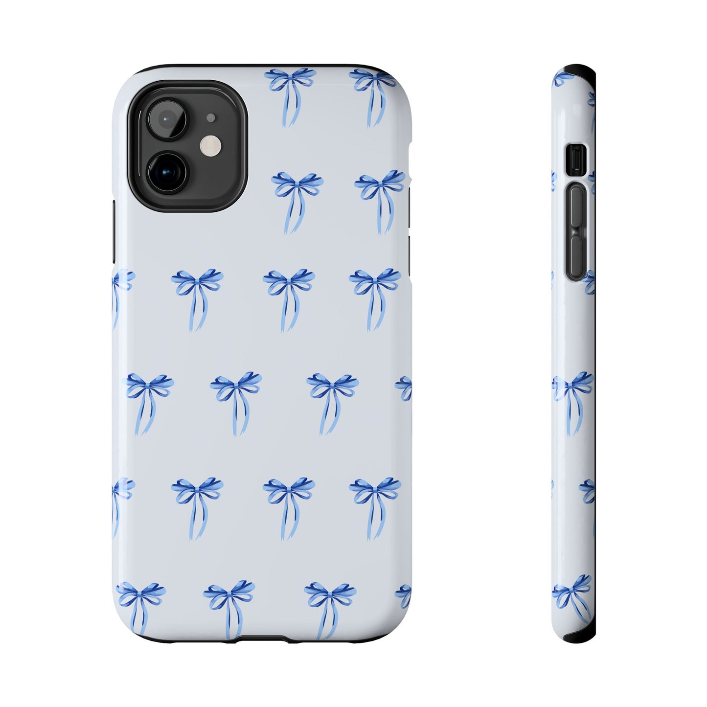 iPhone 11 case with girly romantic watercolor blue bow pattern on a light blue background
