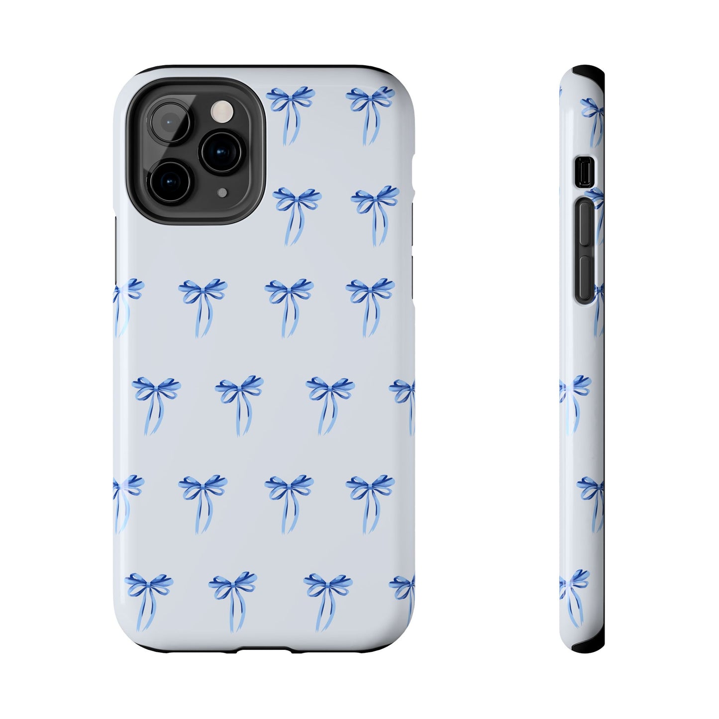 iPhone 11 Pro case with girly romantic watercolor blue bow pattern on a light blue background