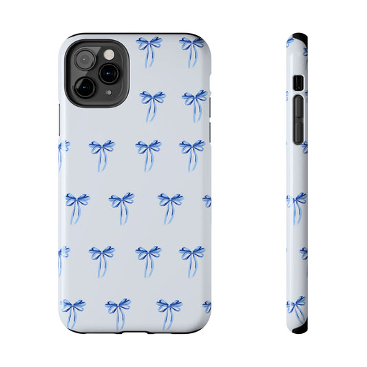 iPhone 11 Pro Max case with girly romantic watercolor blue bow pattern on a light blue background