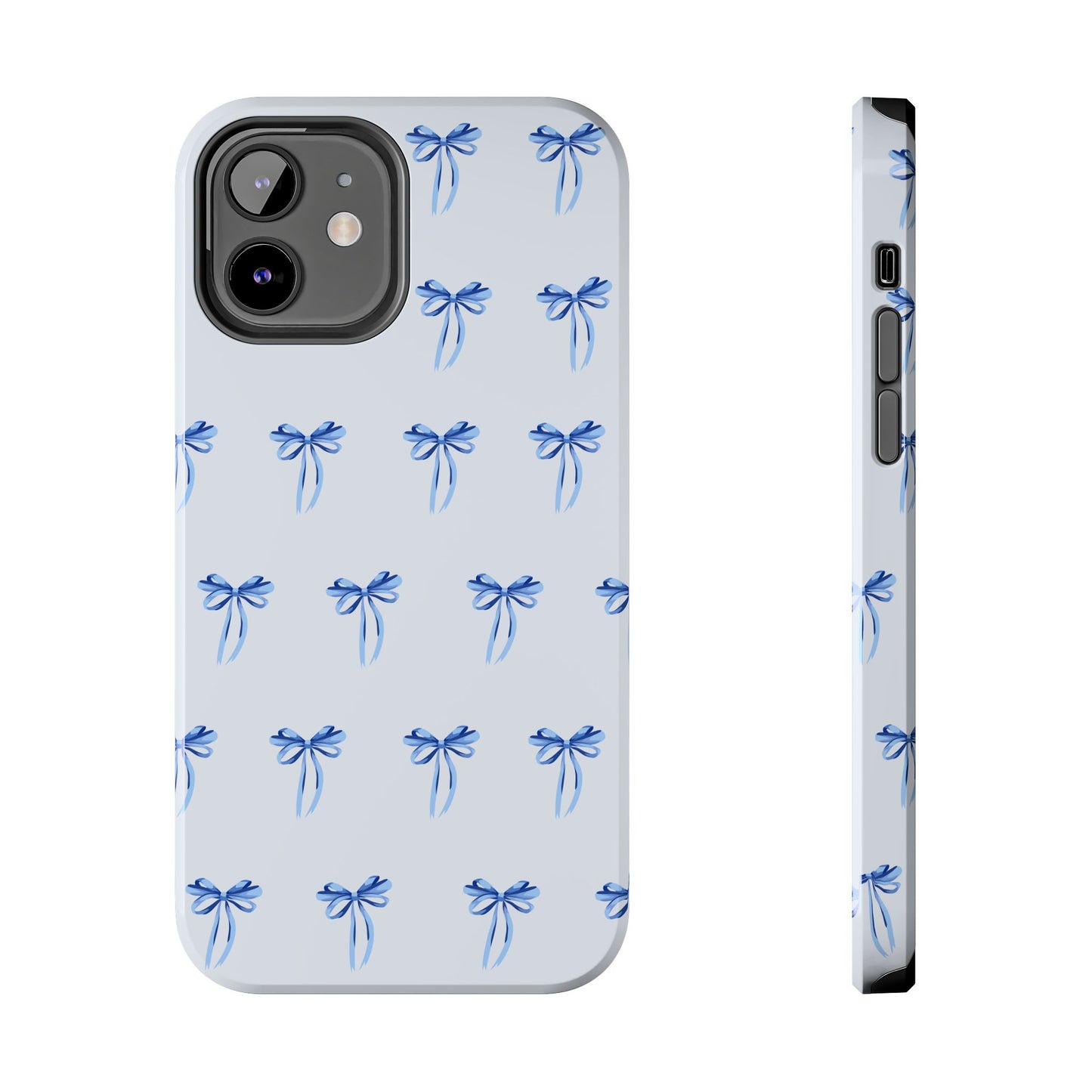 iPhone 12 case with girly romantic watercolor blue bow pattern on a light blue background