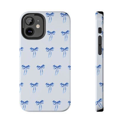 iPhone 12 Mini case with girly romantic watercolor blue bow pattern on a light blue background