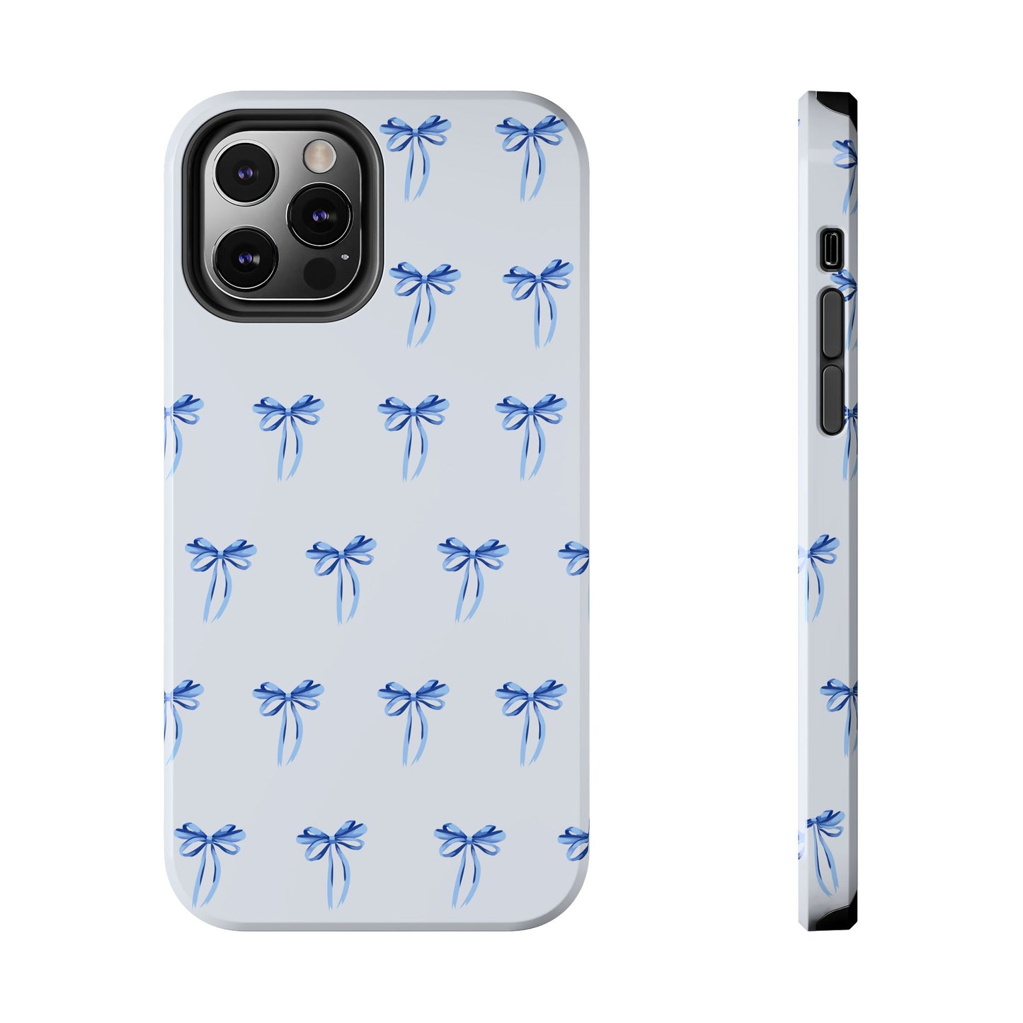 iPhone 12 Pro case with girly romantic watercolor blue bow pattern on a light blue background