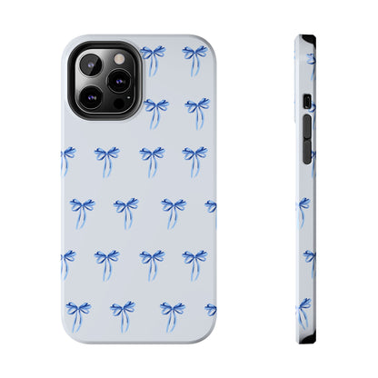 iPhone 12 Pro Max case with girly romantic watercolor blue bow pattern on a light blue background