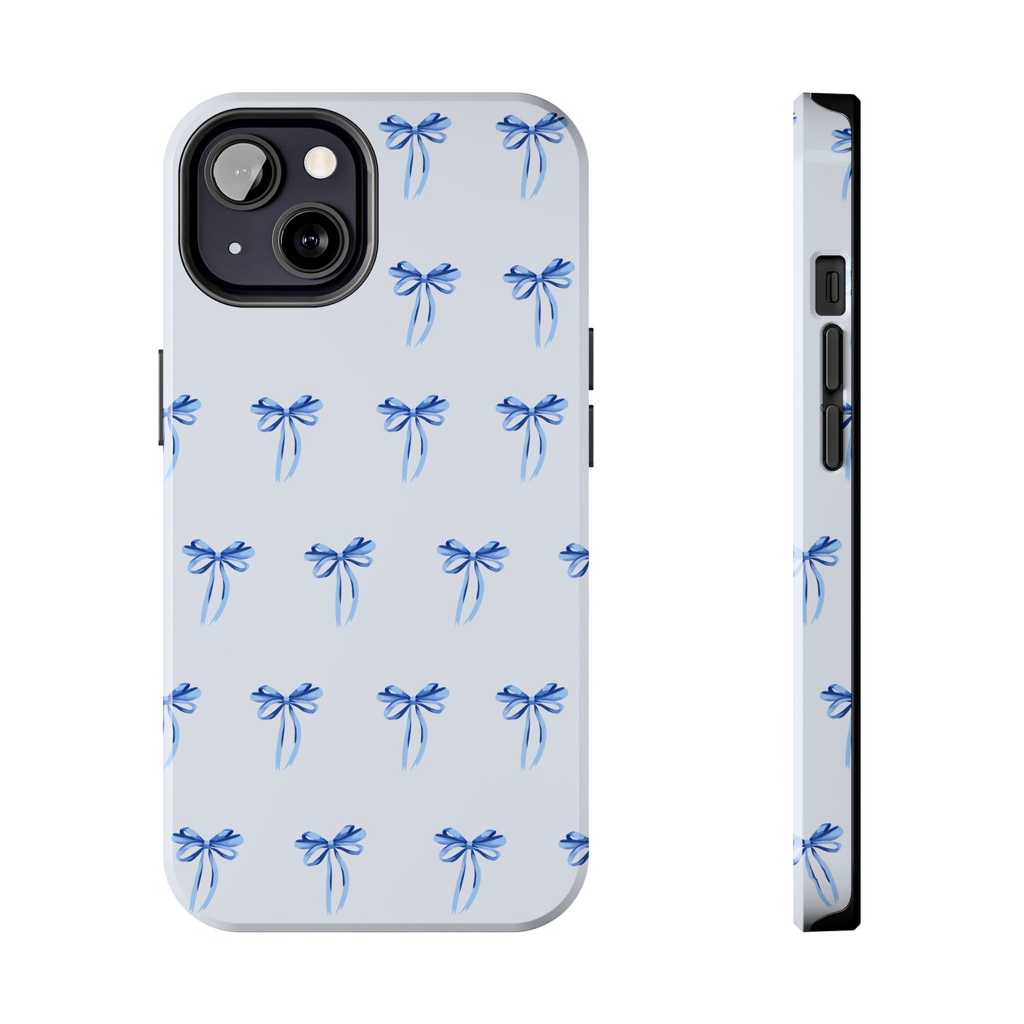 iPhone 13 case with girly romantic watercolor blue bow pattern on a light blue background