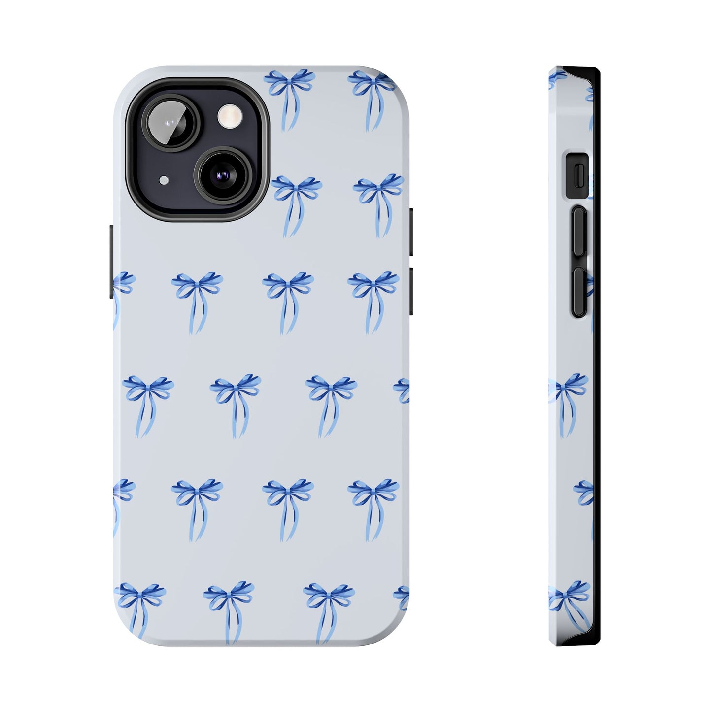 iPhone 13 Mini case with girly romantic watercolor blue bow pattern on a light blue background