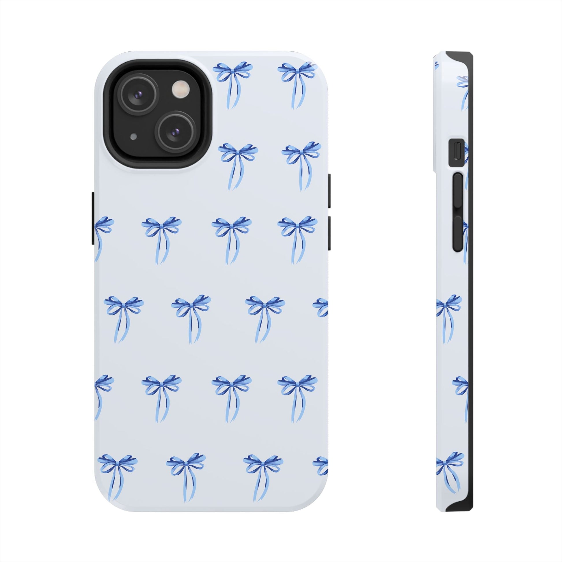 iPhone 14 case with girly romantic watercolor blue bow pattern on a light blue background