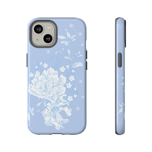 iPhone 14 light blue feminine romantic phone case with white peony