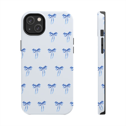 iPhone 14 Plus case with girly romantic watercolor blue bow pattern on a light blue background